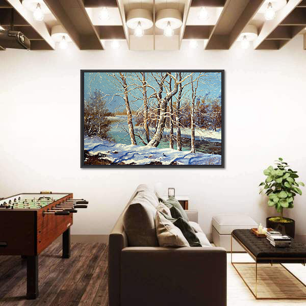 Winter River with Snowy Bank Canvas Wall Art