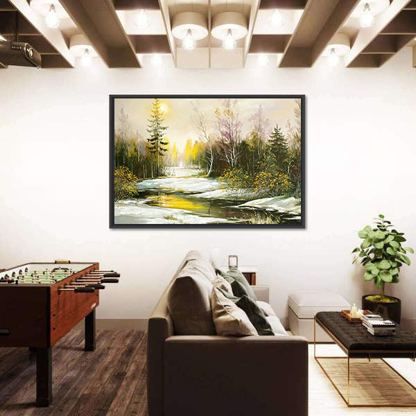 Winter Riverbank with Golden Light Canvas Wall Art