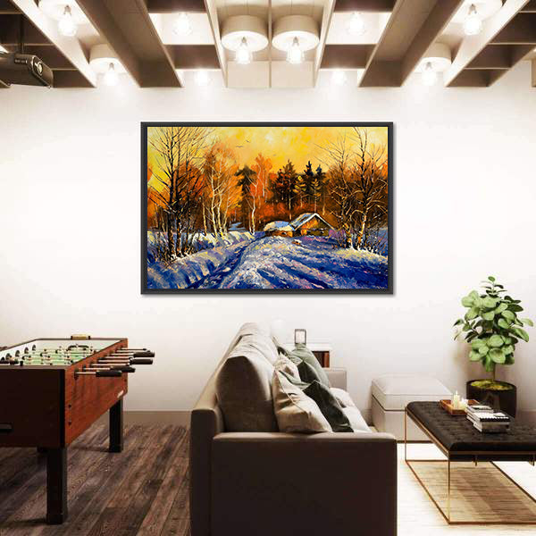 Evening In Winter Village Canvas Wall Art