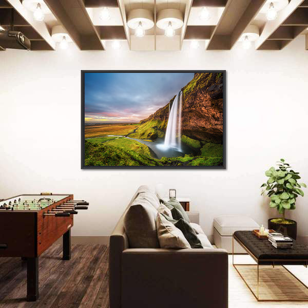 Seljalandsfoss Waterfall At Sunset In Iceland Canvas Wall Art