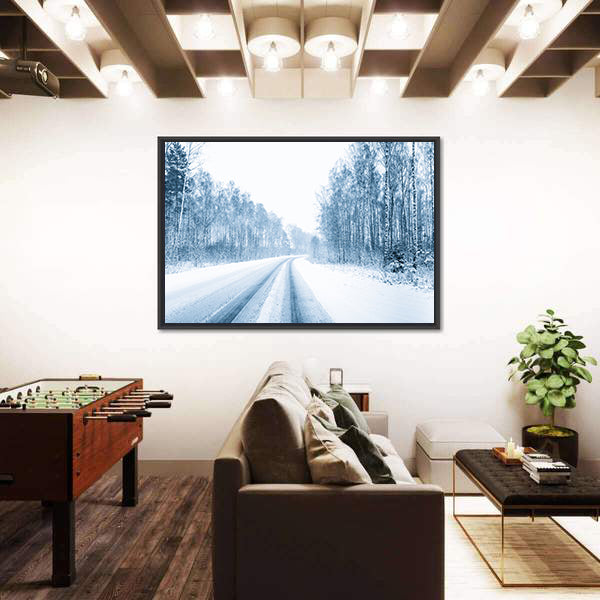 Snow Covered Open Road In Winter Canvas Wall Art