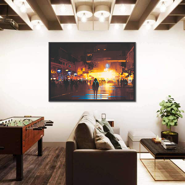 Lone Hooded Figure in Neon City Canvas Wall Art