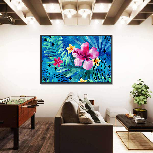 Tropical Hibiscus and Palm Leaf Pattern Canvas Wall Art