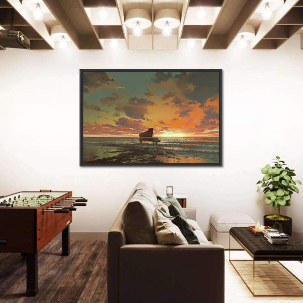 Surreal Piano On Beach Sunset Canvas Wall Art