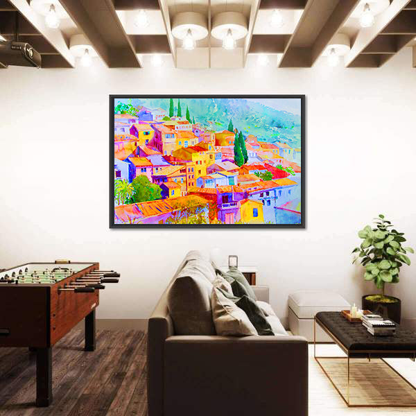 Village View On Hill Mountain Canvas Wall Art