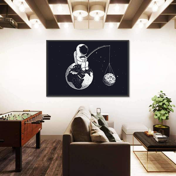 Little Astronaut Sitting on Earth Canvas Wall Art