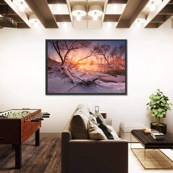 Frozen River At Sunset Canvas Wall Art