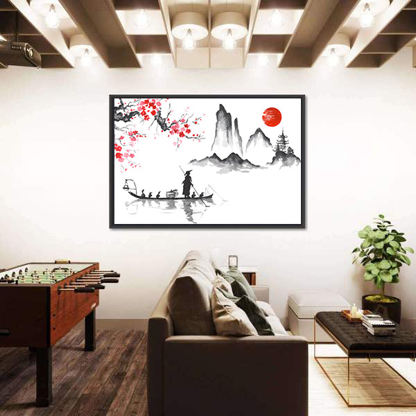 Japanese Ink Wash Fisherman at Sunrise Canvas Wall Art