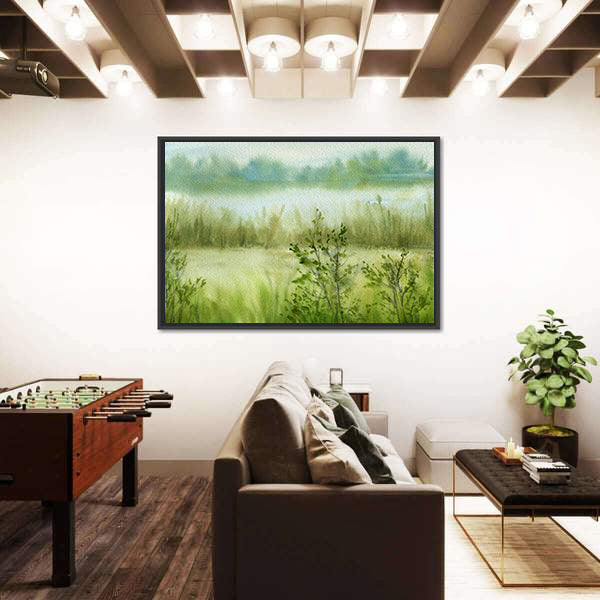 Fog At River With Grass Canvas Wall Art
