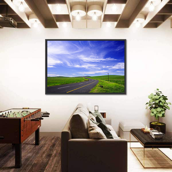 Winding Road Through Green Fields Canvas Wall Art