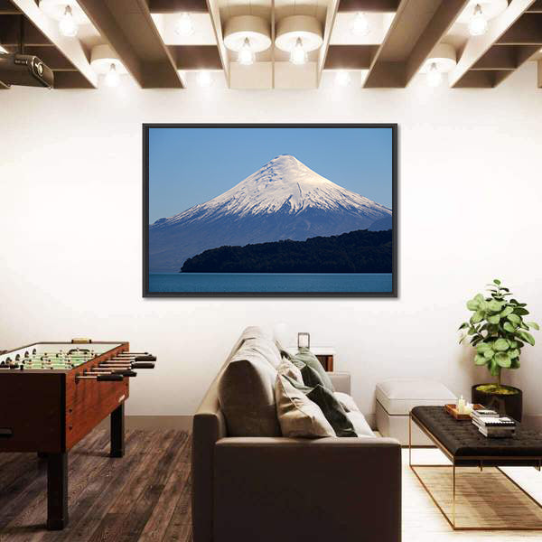 Snow-capped Volcano Over Calm Lake Canvas Wall Art