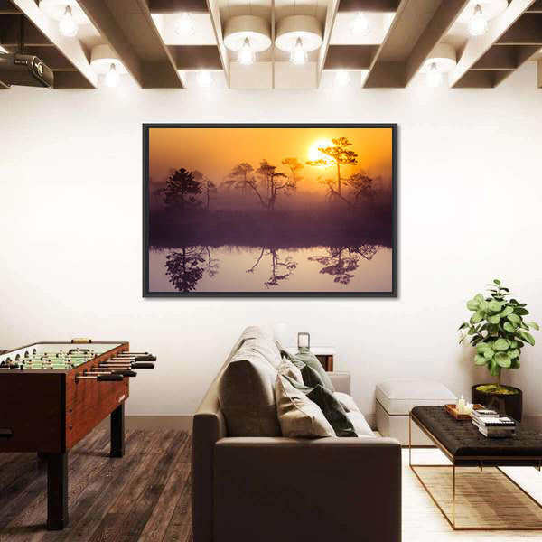 Sun Rising Above Misty Lake Canvas Wall Art