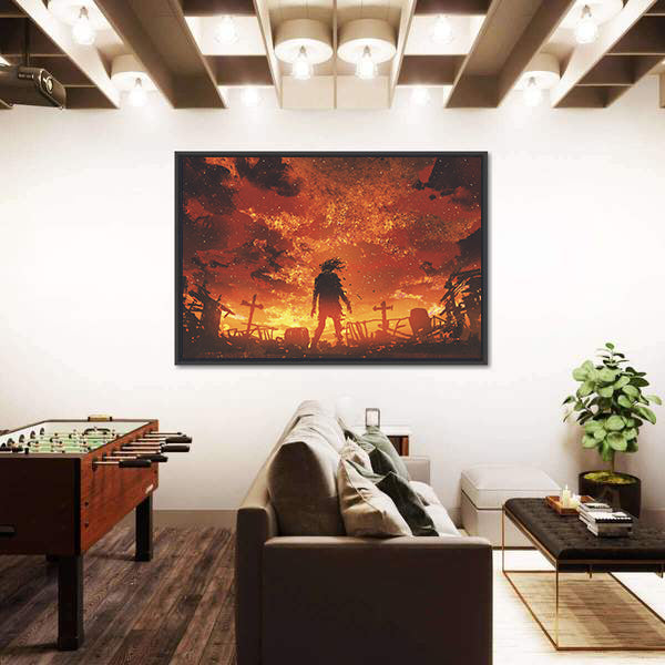 Zombie Silhouette in Burnt Cemetery Canvas Wall Art