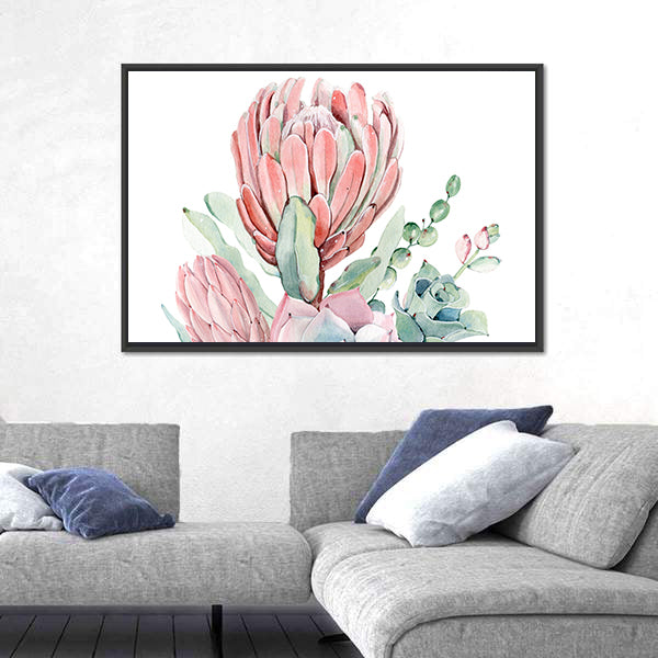 Vintage Protea and Succulents Bouquet Canvas Wall Art