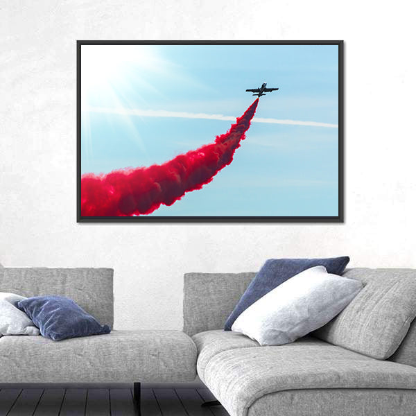 Airplane fly With Red Trail Smoke Canvas Wall Art