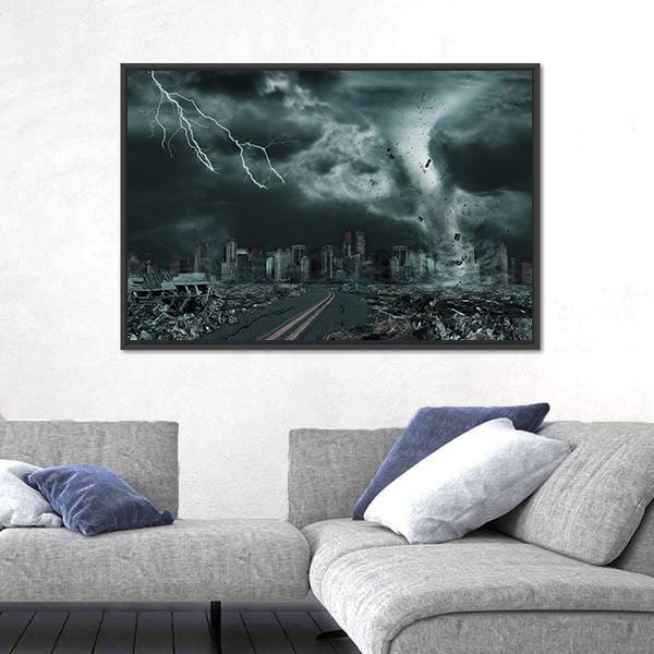 Tornado Over Ruined City Skyline Canvas Wall Art