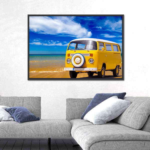 Yellow Vintage Van on Sandy Beach Canvas Wall Art