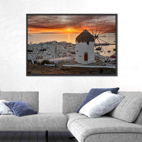 Mykonos Sunset with White Windmill Canvas Wall Art