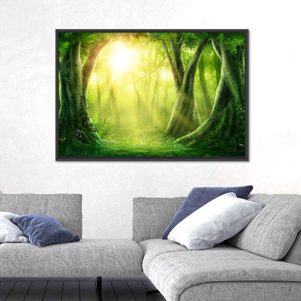 Dark Magic Forest With Sunshine Canvas Wall Art