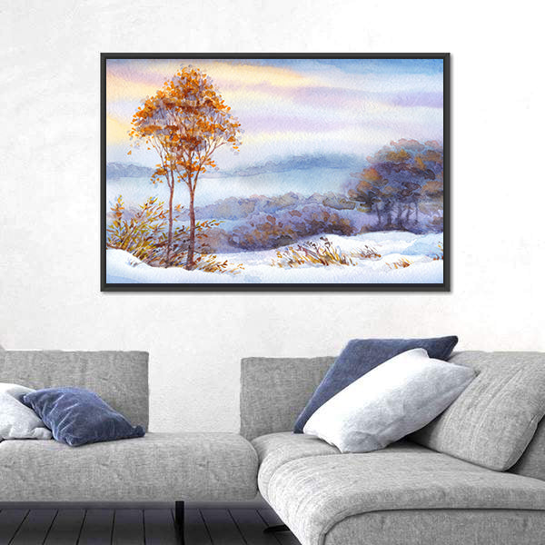 Snow Covered Valley with Orange Trees Canvas Wall Art