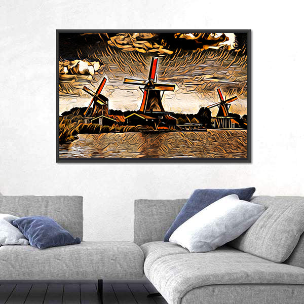 Three Vintage Windmills at Sunset Canvas Wall Art