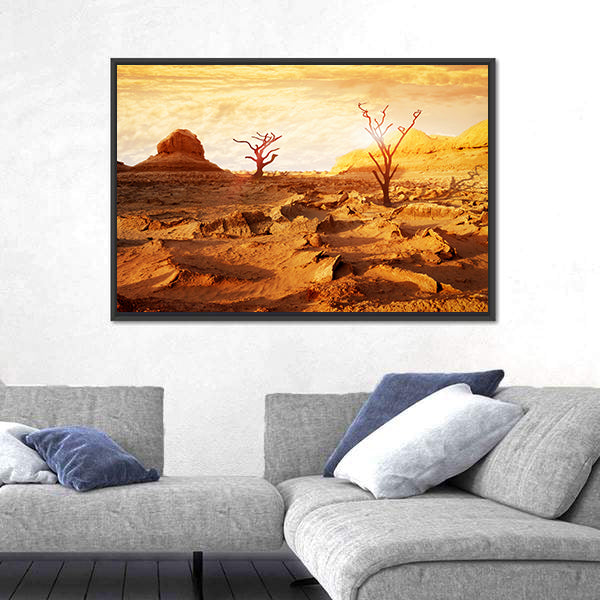 Sunset Over Dry Desert Canvas Wall Art