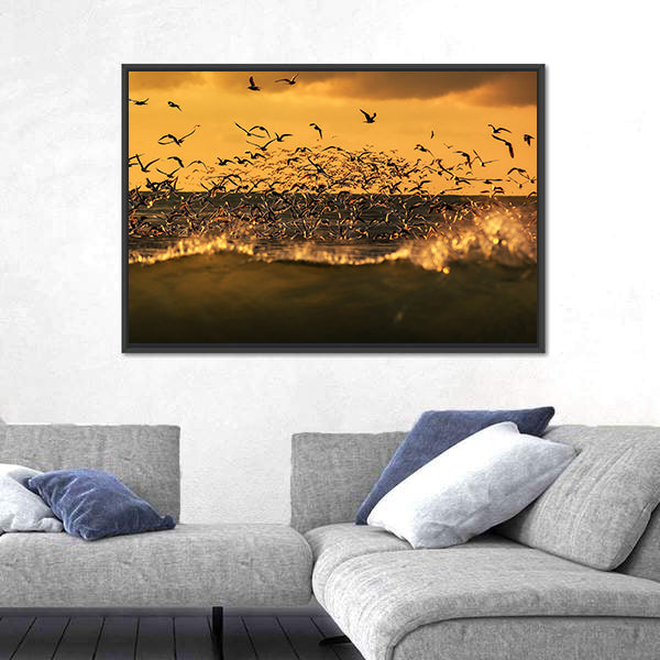 Seagulls Hovering Over Stormy Sea Canvas Wall Art