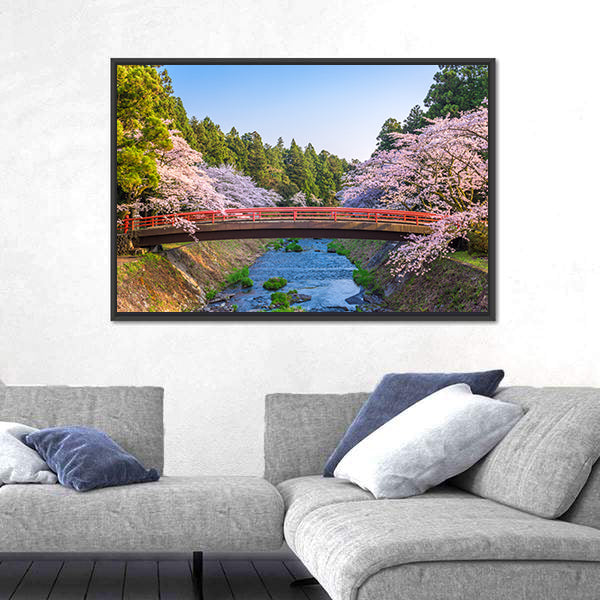 Cherry Blossoms Over Red Arched Bridge Canvas Wall Art