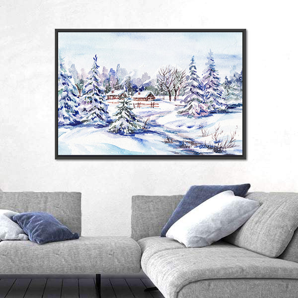 Scenic Winter Village Landscape Canvas Wall Art