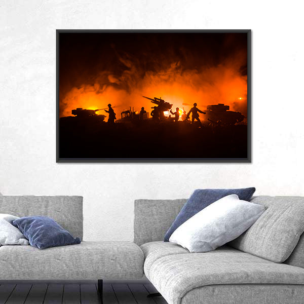 Soldier Silhouettes with Tanks and Anti-aircraft Canvas Wall Art
