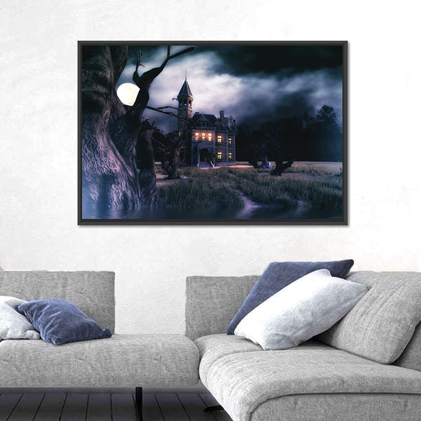 Moonlit Haunted Victorian Mansion Canvas Wall Art