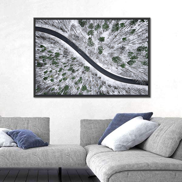 Winter Road In Snowy Forest Canvas Wall Art
