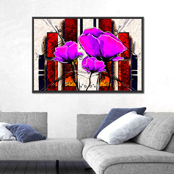 Oil Painted Purple Poppies with Geometric Background Canvas Wall Art