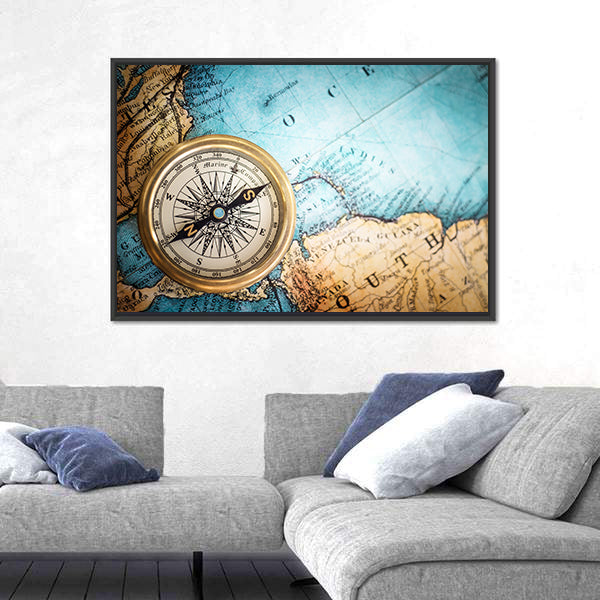 Brass Compass on Antique World Map Canvas Wall Art