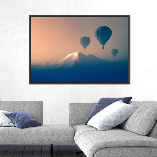 Silhouette Of Air balloon Flying In The Mountains Canvas Wall Art