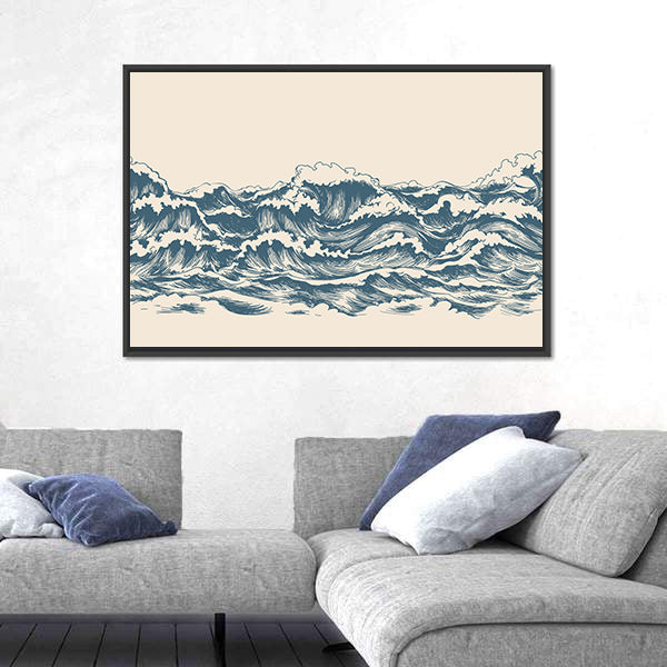 Ocean Waves Woodblock Sketch Canvas Wall Art
