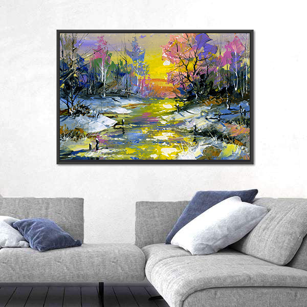 Winter Sunset River in Snowy Forest Canvas Wall Art