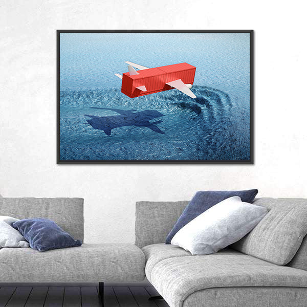 Shipping Container Airplane Over Whale Shadow Canvas Wall Art