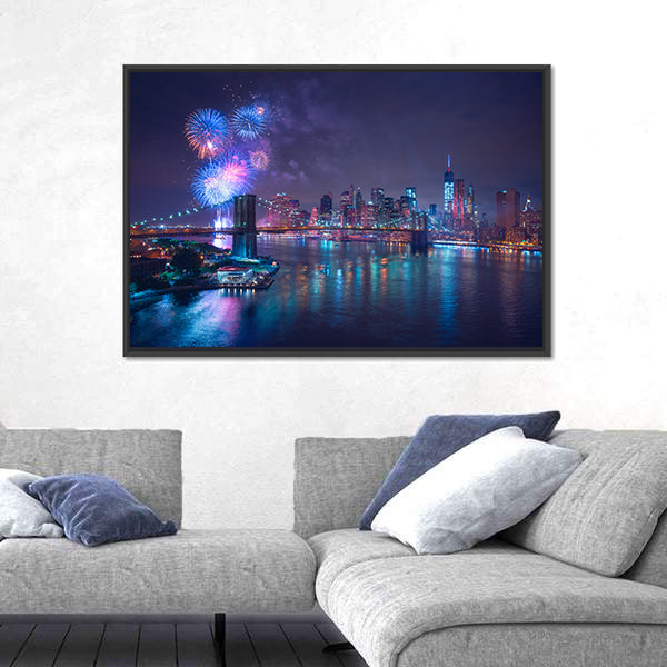 Fourth of July Fireworks Over New York Canvas Wall Art