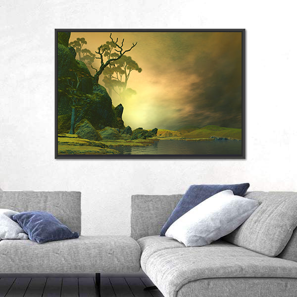 Misty Mountain Lake with Twisted Tree Canvas Wall Art