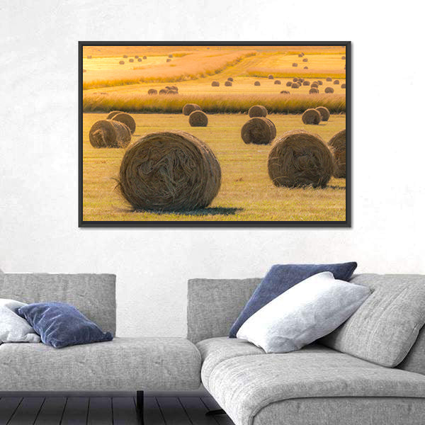 Hay Bales On Golden Field At Sunset Canvas Wall Art