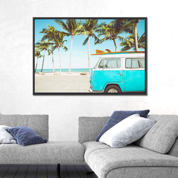 Teal and White Kombi on Tropical Beach Canvas Wall Art