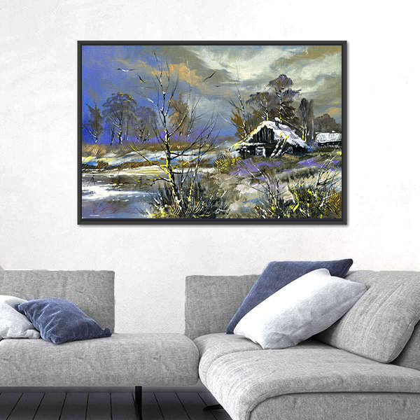 Snow-covered Cabin by the Lake Canvas Wall Art