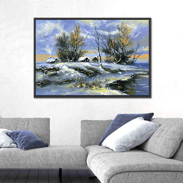 House On Bank Of Lake In Winter Canvas Wall Art
