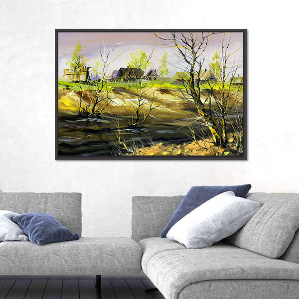 Rural House On River Bank Canvas Wall Art
