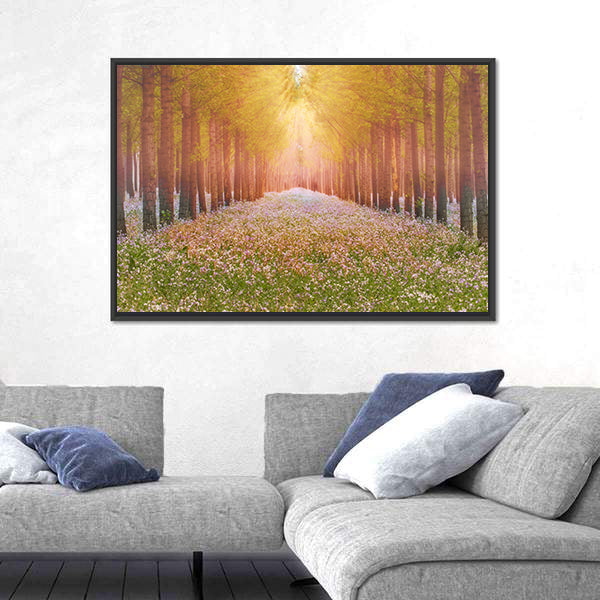 Sunlit Forest Path with Wildflowers Canvas Wall Art