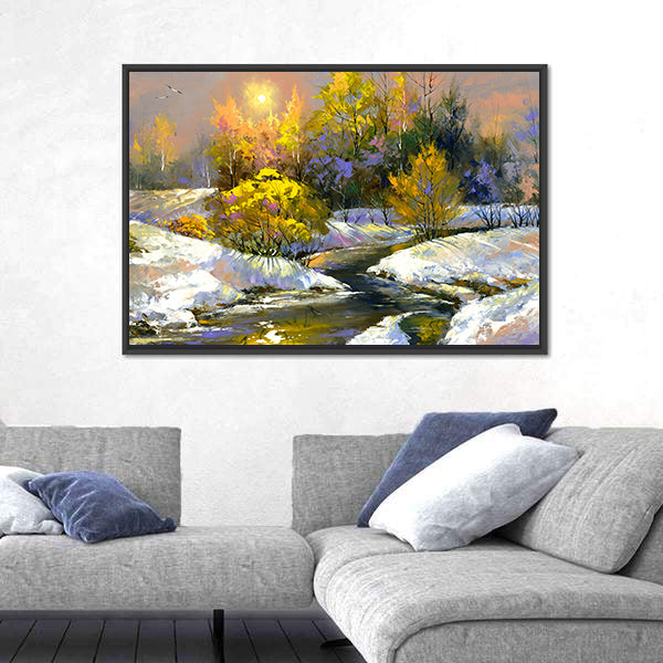 Winter River Through Snowy Forest Canvas Wall Art