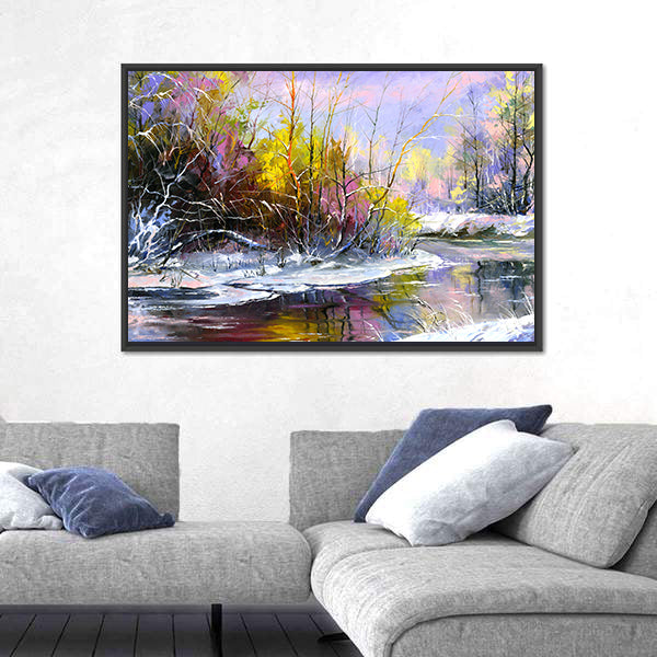 Winter River at Sunset Canvas Wall Art