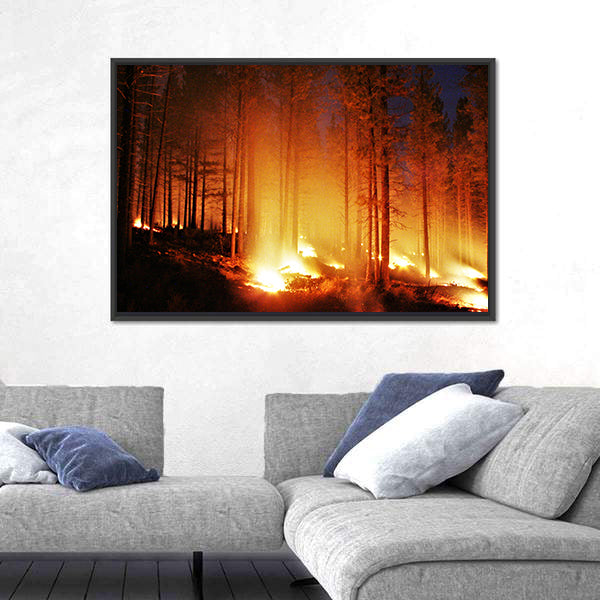 Glowing Forest Fire At Night Canvas Wall Art