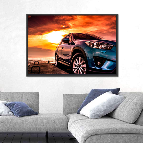 Blue Suv at Coastal Sunset Canvas Wall Art